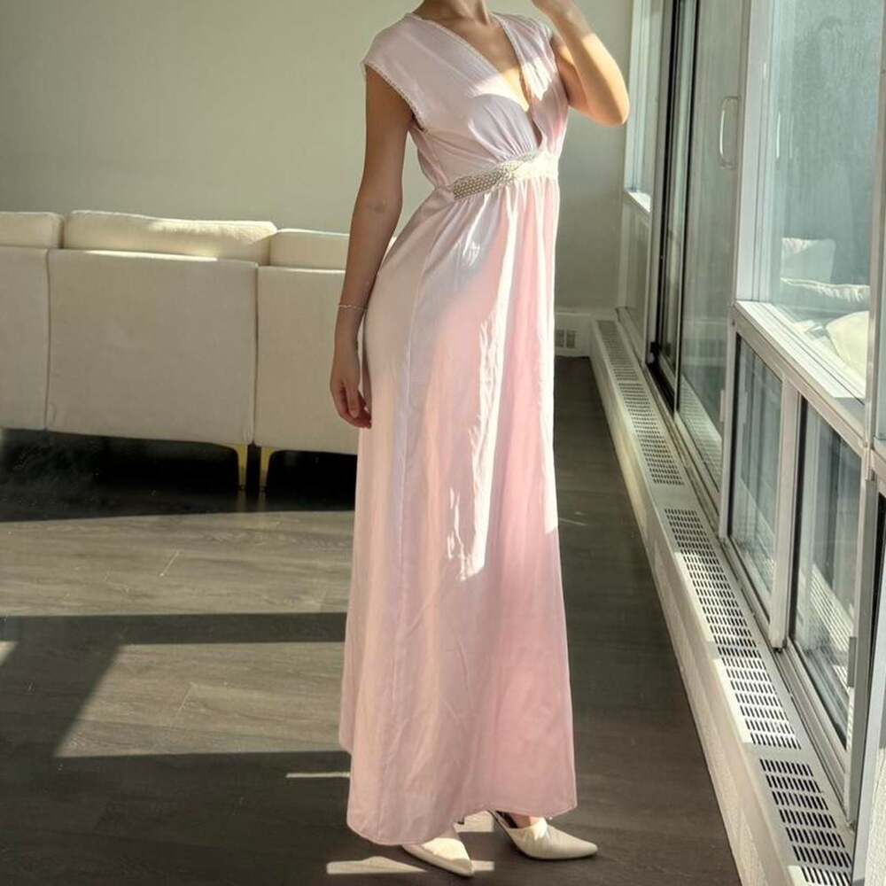 Vintage Baby Pink Lace Trim Maxi Dress - Fairycore Ballet Style - Picture 5 of 8